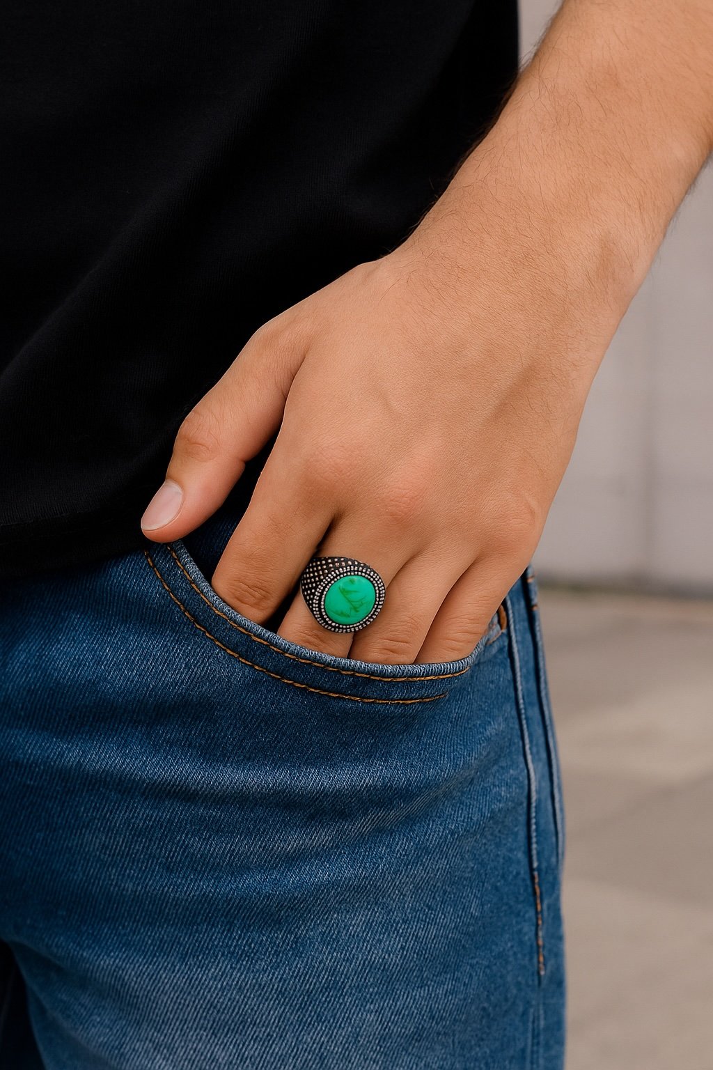 Men’s stainless steel signet ring turquoise